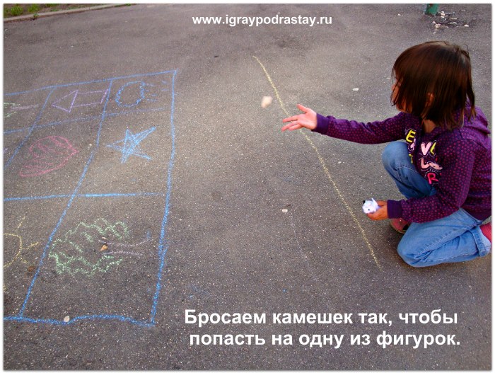 Бросаем камешек так, чтобы попасть на какую - либо из фигур. Описание игры для детей от 3 до 5 лет на улице летом.